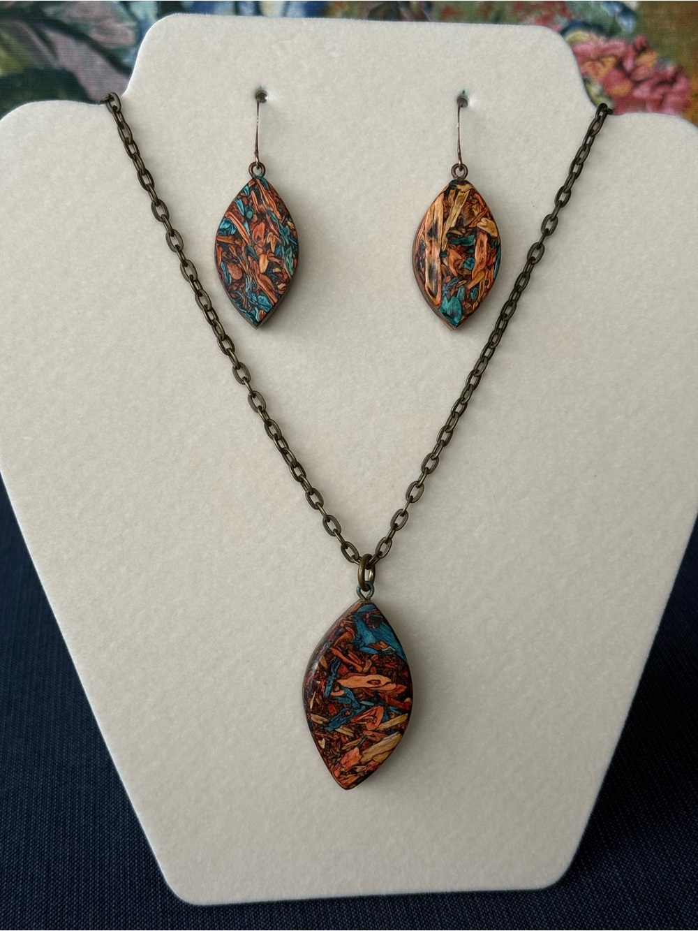 Hand Crafted Teardrop Pendant & Earrings in Turquoise & Copper Tones